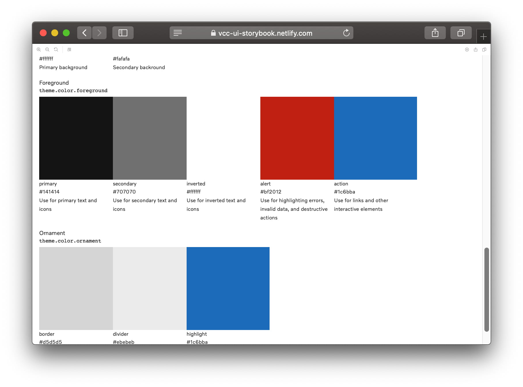 Theme Colors, VCC UI storybook